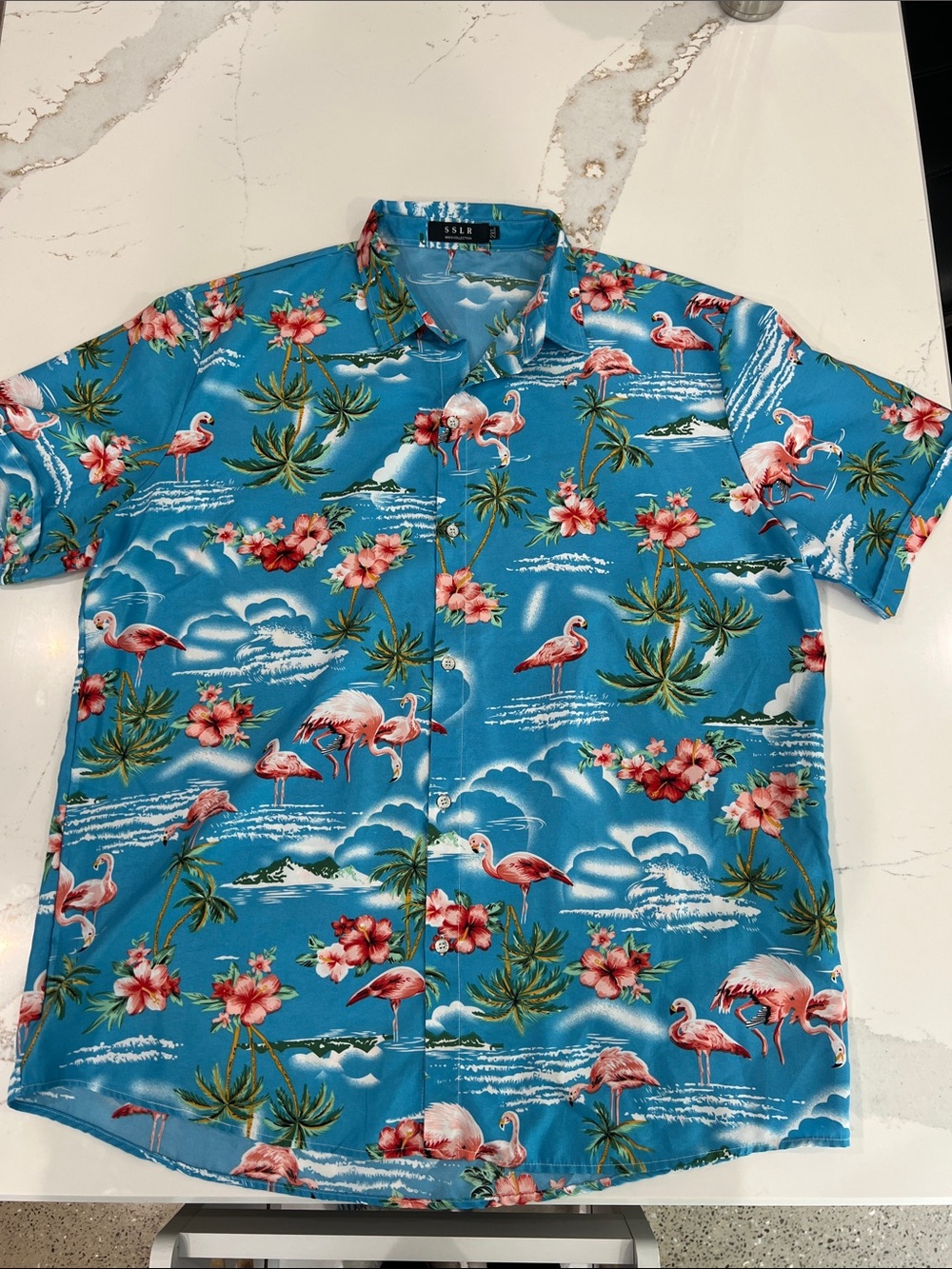 Blue Tropical Flamingo Print Short-Sleeve Shirt